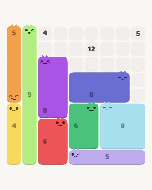 MeowBlock Level 128 after step 9, placing the 8-cell rectangular block at the middle-right area