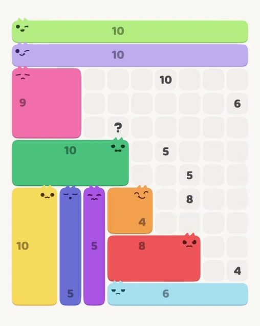 MeowBlock Level 129 after step 10, placing the 4-cell square block at the lower center