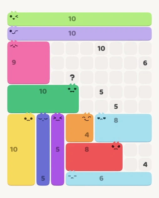 MeowBlock Level 129 after step 11, placing the 8-cell rectangular block at the lower-right area