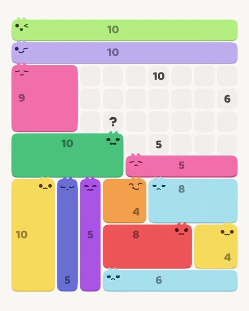 MeowBlock Level 129 after step 13, placing the 5-cell horizontal block at the middle-right area