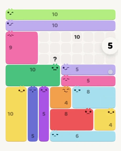 MeowBlock Level 129 after step 14, placing the 5-cell horizontal block at the middle-right area