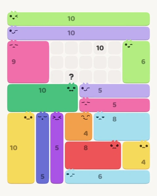 MeowBlock Level 129 after step 15, placing the 6-cell rectangular block at the upper-right area
