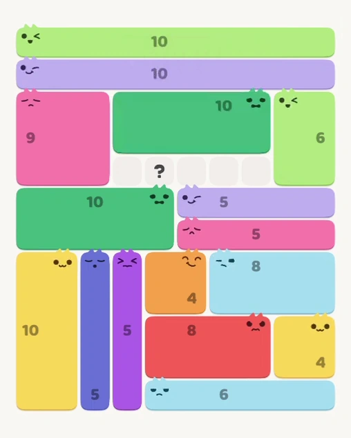 MeowBlock Level 129 after step 16, placing the 10-cell rectangular block at the upper center