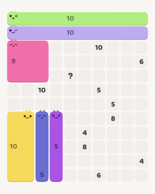 MeowBlock Level 129 after step 6, placing the 6-cell rectangular block at the upper-left area