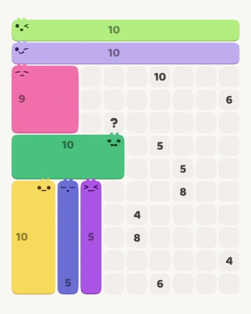 MeowBlock Level 129 after step 7, placing the 10-cell rectangular block at the middle-left area