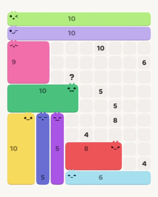 MeowBlock Level 129 after step 9, placing the 8-cell rectangular block at the lower center