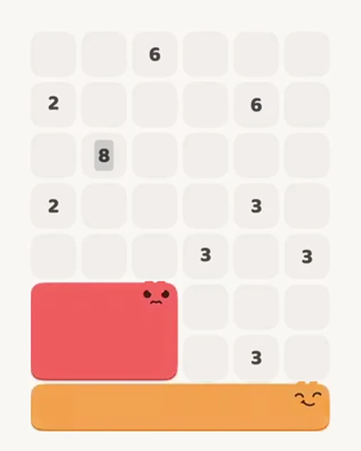 MeowBlock Level 13 after step 2, placing the 6-cell rectangular block at the lower-left area