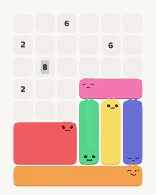 MeowBlock Level 13 after step 6, placing the 3-cell horizontal block at the middle-right area