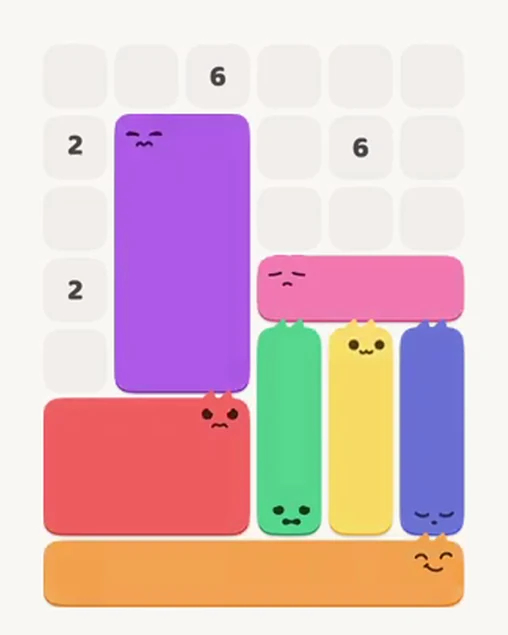 MeowBlock Level 13 after step 7, placing the 8-cell rectangular block at the middle center