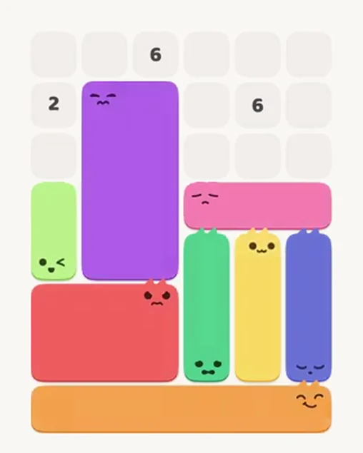 MeowBlock Level 13 after step 8, placing the 2-cell vertical block at the middle-left area