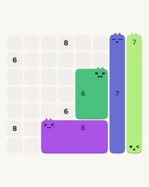MeowBlock Level 131 after step 4, placing the 6-cell rectangular block at the middle-right area