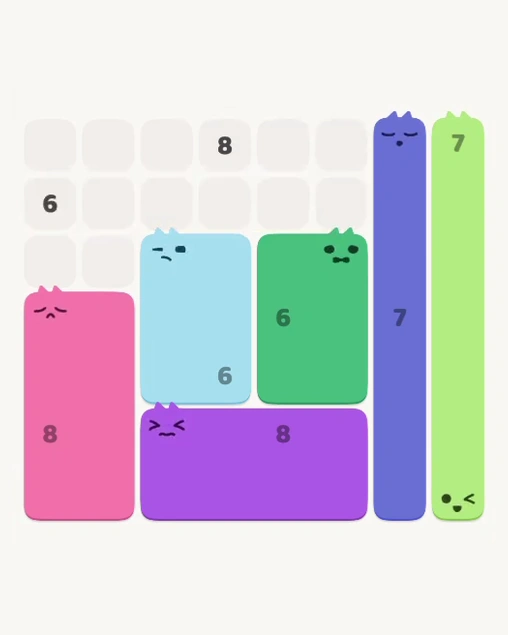 MeowBlock Level 131 after step 6, placing the 8-cell rectangular block at the lower-left area