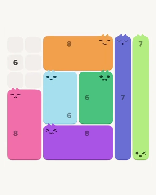 MeowBlock Level 131 after step 7, placing the 8-cell rectangular block at the upper center