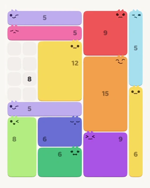 MeowBlock Level 132 after step 12, placing the 12-cell rectangular block at the middle center