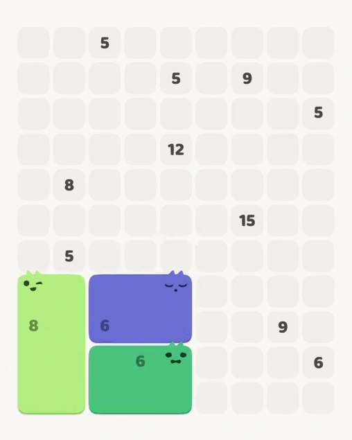 MeowBlock Level 132 after step 3, placing the 6-cell rectangular block at the lower center