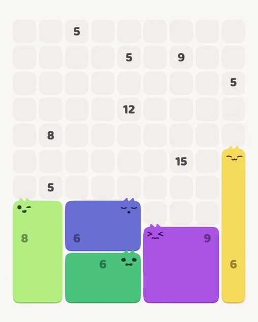 MeowBlock Level 132 after step 5, placing the 6-cell vertical block at the lower-right area