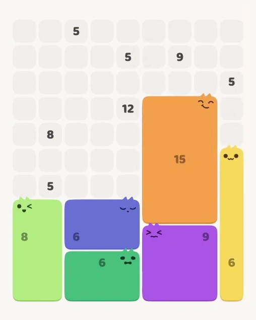 MeowBlock Level 132 after step 6, placing the 15-cell rectangular block at the middle-right area