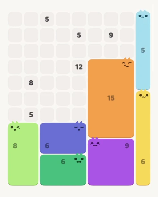 MeowBlock Level 132 after step 7, placing the 5-cell vertical block at the upper-right area