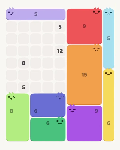 MeowBlock Level 132 after step 9, placing the 5-cell horizontal block at the upper-left area