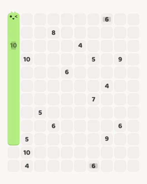 MeowBlock Level 133 after step 1, placing the 10-cell vertical block at the middle-left area