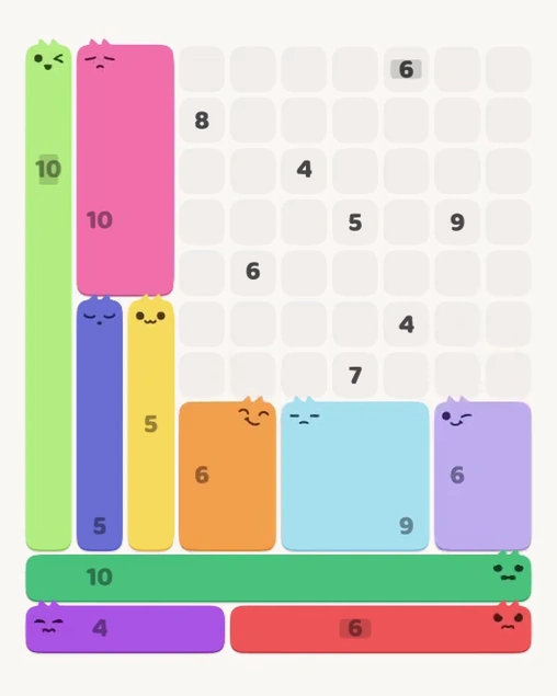 MeowBlock Level 133 after step 10, placing the 6-cell rectangular block at the lower center