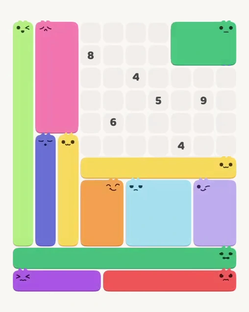 MeowBlock Level 133 after step 12, placing the 6-cell rectangular block at the upper-right area
