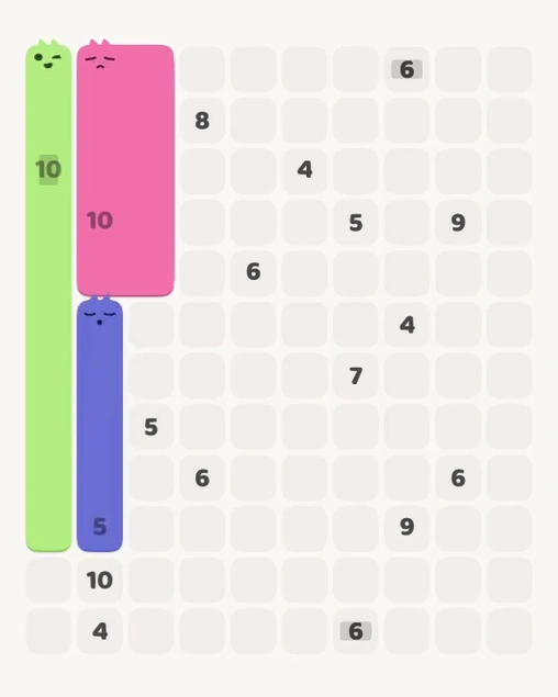 MeowBlock Level 133 after step 3, placing the 5-cell vertical block at the lower-left area