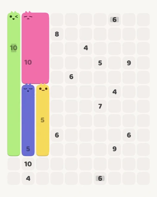 MeowBlock Level 133 after step 4, placing the 5-cell vertical block at the lower-left area