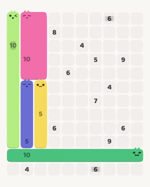 MeowBlock Level 133 after step 5, placing the 10-cell horizontal block at the lower center