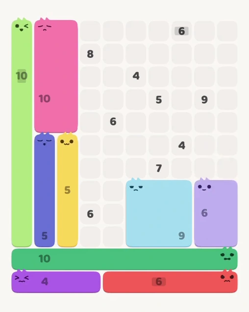MeowBlock Level 133 after step 9, placing the 6-cell rectangular block at the lower-right area