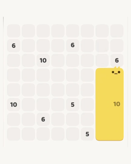 MeowBlock Level 134 after step 1, placing the 10-cell rectangular block at the lower-right area