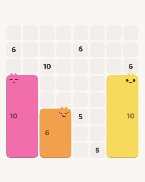 MeowBlock Level 134 after step 3, placing the 6-cell rectangular block at the lower center