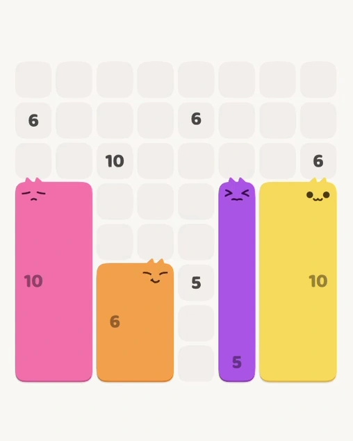 MeowBlock Level 134 after step 4, placing the 5-cell vertical block at the lower-right area