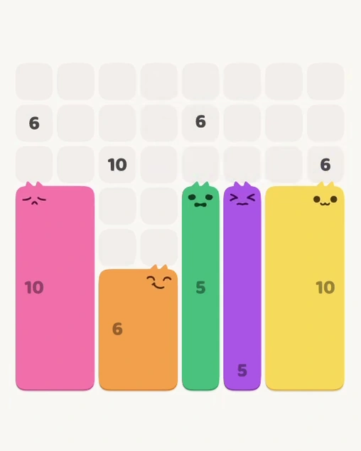 MeowBlock Level 134 after step 5, placing the 5-cell vertical block at the lower center