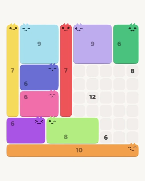 MeowBlock Level 135 after step 10, placing the 8-cell rectangular block at the lower center