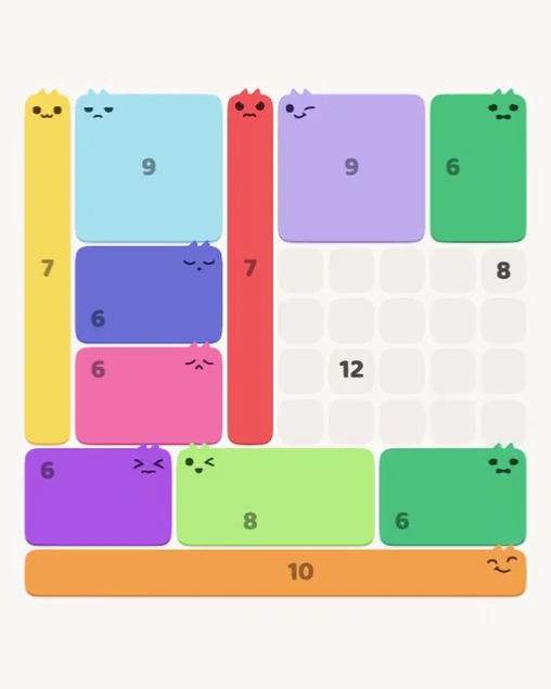 MeowBlock Level 135 after step 11, placing the 6-cell rectangular block at the lower-right area