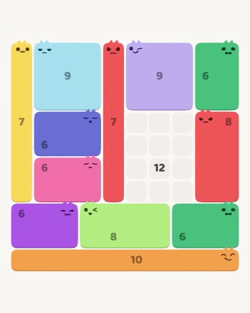 MeowBlock Level 135 after step 12, placing the 8-cell rectangular block at the middle-right area