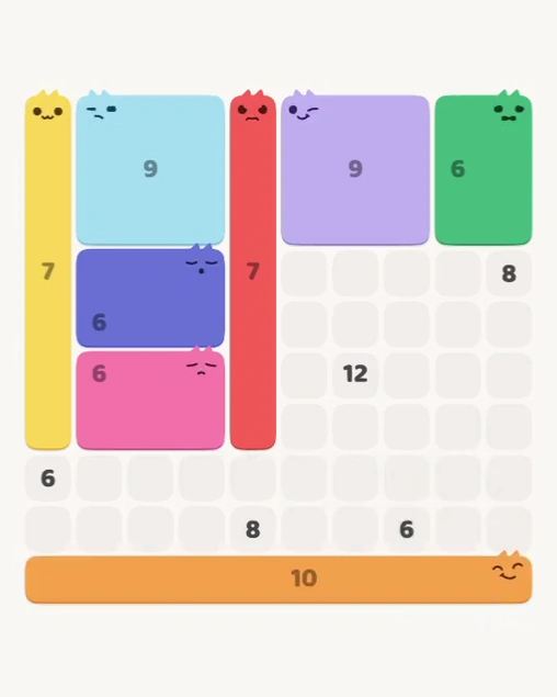MeowBlock Level 135 after step 8, placing the 10-cell horizontal block at the lower center