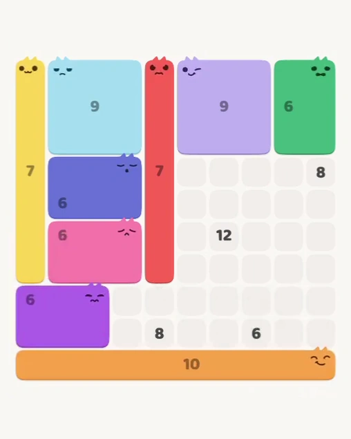 MeowBlock Level 135 after step 9, placing the 6-cell rectangular block at the lower-left area