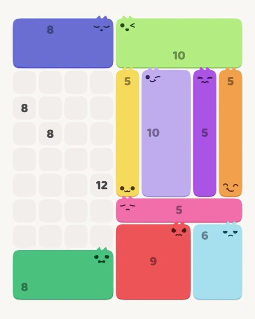 MeowBlock Level 136 after step 10, placing the 8-cell rectangular block at the upper-left area