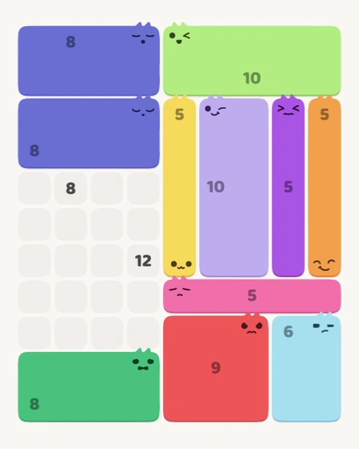 MeowBlock Level 136 after step 11, placing the 8-cell rectangular block at the upper-left area