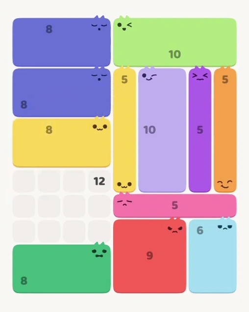 MeowBlock Level 136 after step 12, placing the 8-cell rectangular block at the middle-left area