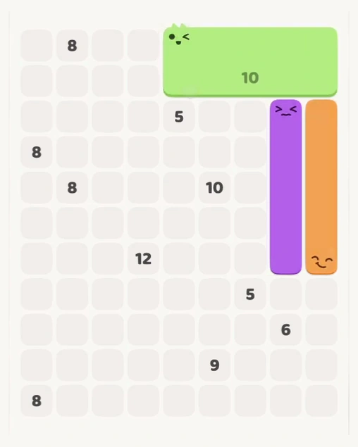 MeowBlock Level 136 after step 3, placing the 5-cell vertical block at the middle-right area