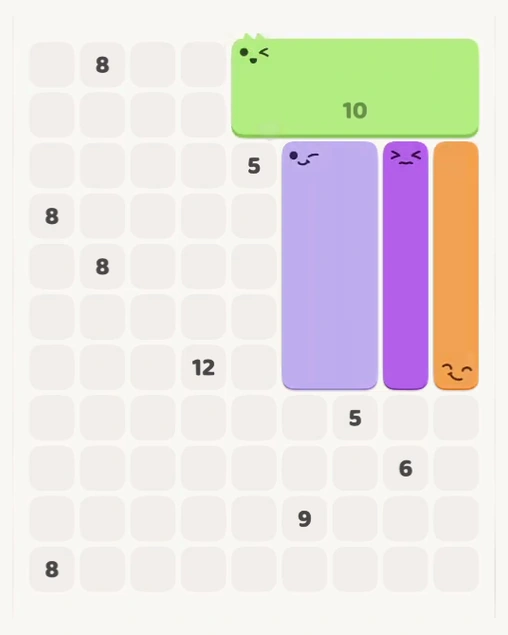 MeowBlock Level 136 after step 4, placing the 10-cell rectangular block at the middle-right area