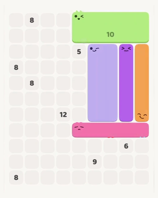 MeowBlock Level 136 after step 5, placing the 5-cell horizontal block at the lower-right area