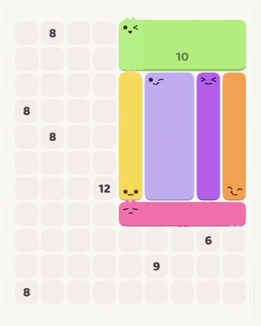 MeowBlock Level 136 after step 6, placing the 7-cell vertical block at the middle center