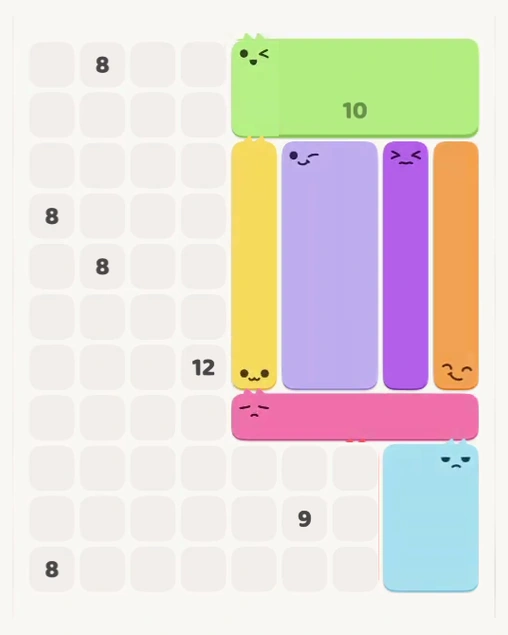 MeowBlock Level 136 after step 7, placing the 6-cell rectangular block at the lower-right area