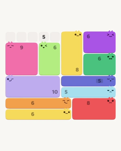 MeowBlock Level 137 after step 11, placing the 8-cell rectangular block at the upper center