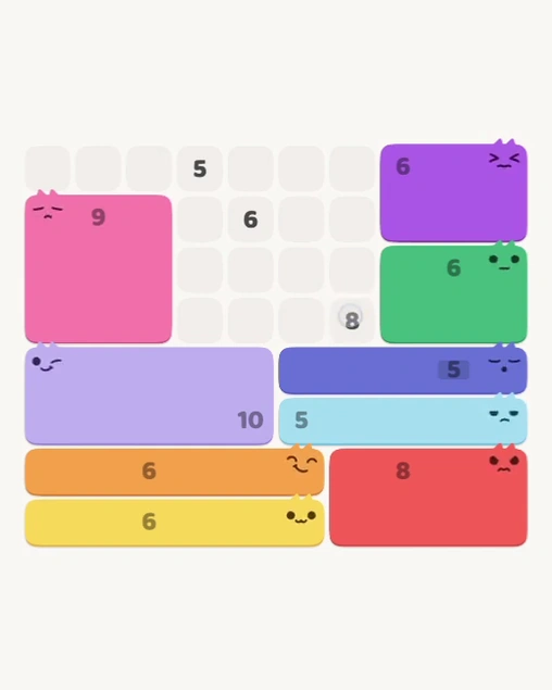 MeowBlock Level 137 after step 9, placing the 6-cell rectangular block at the upper-right area