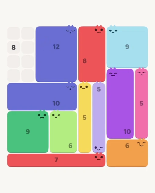 MeowBlock Level 138 after step 12, placing the 12-cell rectangular block at the upper center